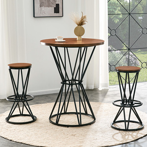 Set Tavolo da Bar con Piano in MDF Effetto Noce, Struttura in Metallo Nero Stile Industriale, Rotondo 31,5 Pollici con Due Sgabelli - Product Image 2