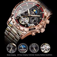 Montre automatique élégante POEDAGAR pour homme, cadran multifonction, montres mécaniques, bracelet en acier inoxydable or rose, style business