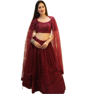 Splendide Vin Brodé Net Réception Porter Lehenga Choli avec Dupatta Robes De Soirée Élégantes - Product Image 1