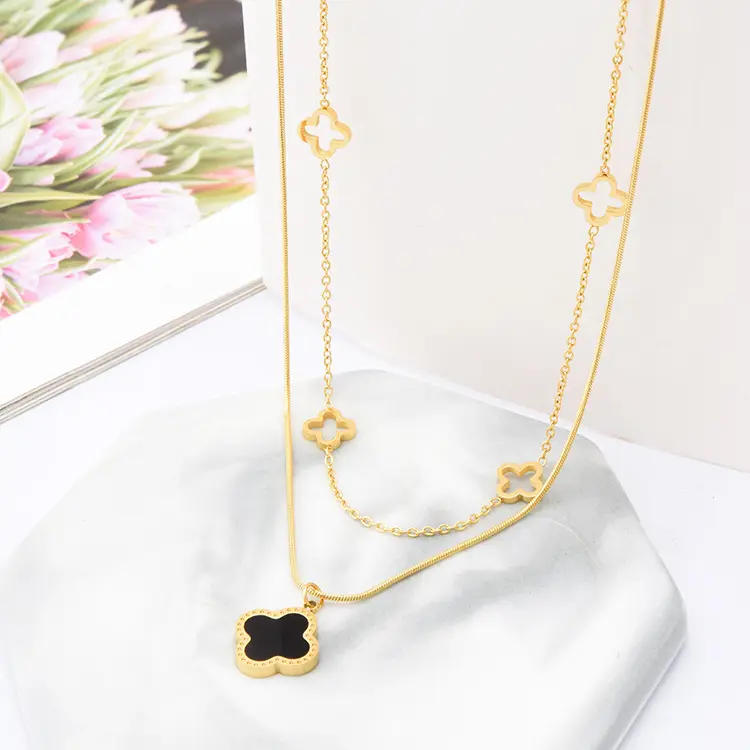 New Design Jewelry Double Layer Four Leaf Clover Necklace for Women Girls Titanium Gold Snake Chain Hollow Clover Necklaces