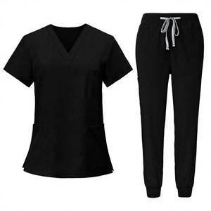 Ensemble de blouses et pantalons noirs à col en V pour femmes, en coton et polyester tissé, uniformes d'hôpital - Product Image 1