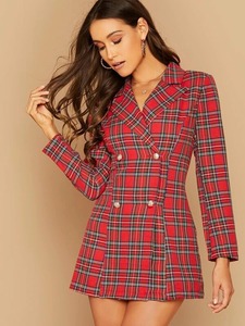 <span class=keywords><strong>Blazer</strong></span> Tartán de doble botonadura de manga larga con cuello entallado de nuevo diseño para <span class=keywords><strong>mujer</strong></span> - Product Image 5
