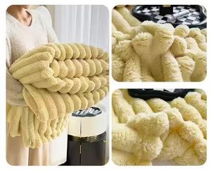 도매 맞춤형 단색 부드러운 사우나 플러피 퍼 따뜻한 스트라이프 담요 겨울 숄 소파 담요 - Product Image 5