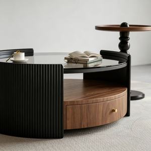Set di Tavolini da Caffè Moderni ed Ecologici in Vetro Marrone con Cassetto in <span class=keywords><strong>Legno</strong></span> e Dettagli Neri per Soggiorno - Product Image 4