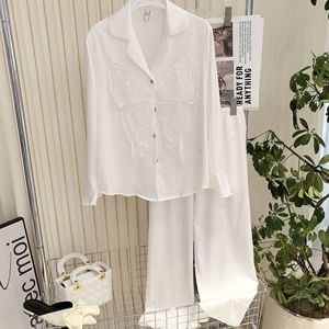 Горячая распродажа 2026: Комплект женской одежды из кружевного шелка «Бабочка» (пижама) – тонкая, свободная рубашка с длинным рукавом и длинные брюки, однотонный, большие размеры. - Product Image 3