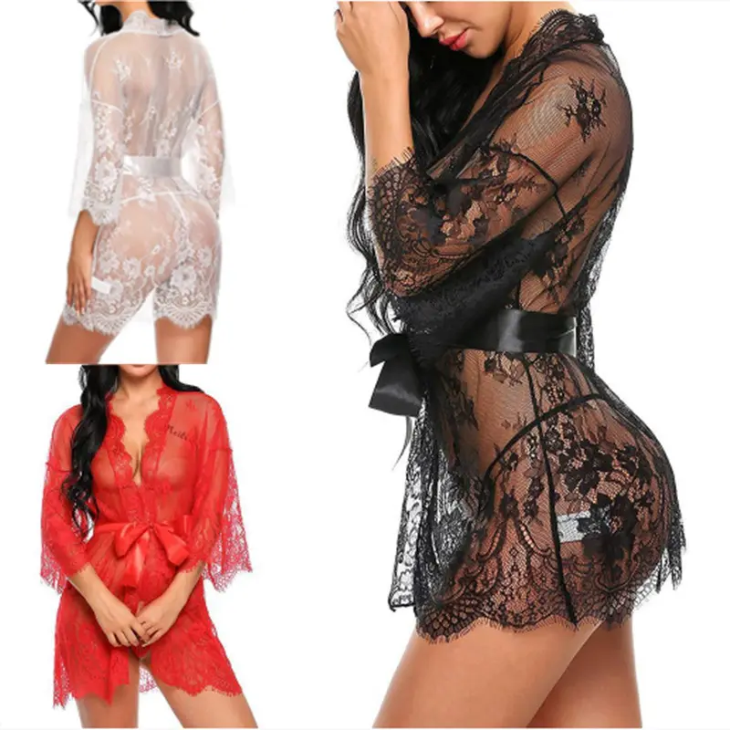 Explosive Models Women's Eyelashes Lace Cardigan Pajamas High-End Deep V Nightdress