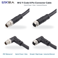 Connecteur M12 Y Code 8 broches IP67/IP68 étanche avec câble surmoulé, prise hybride d'alimentation et de données, droite/angle droit, Ethernet industriel