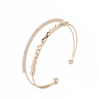 Brazalete Abierto de Doble Capa Chapado en Oro Vintage con Cadena de Cuentas de Diamantes de Imitación, Joyería para Regalo de Fiesta o Aniversario