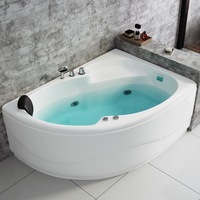 Baignoire en acrylique autoportante en forme d'éventail pour adulte, avec chauffage à température constante et fonction de massage par jets, à poser contre le mur