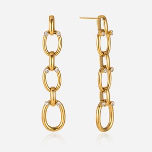 Drop Earrings 18K Gold Stainless Steel White Rhinestone Tassel Geometric Design Claw Setting JDE0311106 - Product Image 1