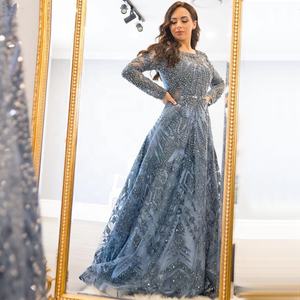 Ruolai OEV-L4280 Abito da Sera di Lusso a Maniche Lunghe, Sexy e Mozzafiato, <span class=keywords><strong>Blu</strong></span> con Scollo Rotondo e Pizzo con <span class=keywords><strong>Paillettes</strong></span> - Product Image 1