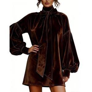 เดรสสั้นผ้ากำมะหยี่ลายสก็อตผูกโบว์สำหรับผู้หญิง - เดรสทรงหลวมแขนพองสไตล์ทูนิคแฟชั่นสำหรับผู้หญิง - Product Image 5