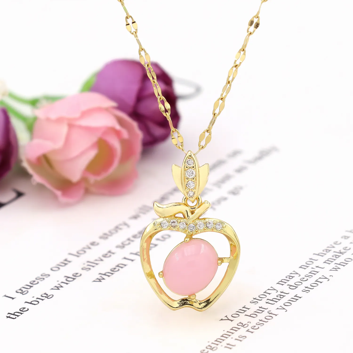 Fashion Jewelry 14K Gold Plated Apple Drop Pendant Necklace with Colorful Stone Cubic Zirconia for Wedding Party Gifts