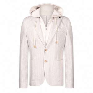 <span class=keywords><strong>Giacca</strong></span> da <span class=keywords><strong>Uomo</strong></span> OEM ODM Personalizzata 100% <span class=keywords><strong>Cashmere</strong></span> a Righe con Cappuccio e Pettorina Staccabile - Product Image 1