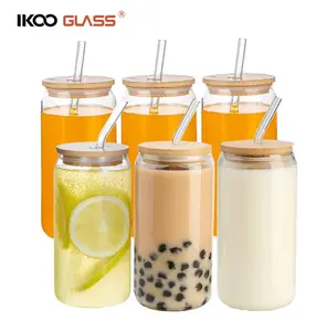 IKOO-vaso de vidrio de borosilicato, transparente, con tapa de bambú y pajitas