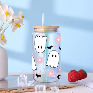 Autocollants UV DTF pour bouteilles Snow Glow 16oz, thème Halloween ludique, petits fantômes dorés mignons, et enveloppes de tasses UV DTF pour maman - Product Image 2