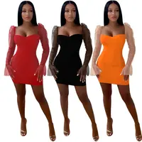 2022 New Fashion Temperament Solid Color Stitching Long Sleeve Casual Elegant Sexy Bodycon Mesh Short Dress Women Dress