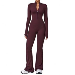 Conjuntos de leggings deportivos personalizados de manga larga con cremallera para mujer, ropa deportiva de yoga, mono de gimnasio, mono de yoga para mujer - Product Image 1