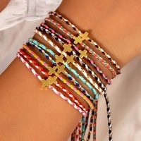 Bracelet en corde tressée colorée fait main avec breloque croix en acier inoxydable, réglable, bijoux d'amitié, vente en gros
