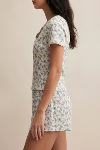 <strong>Women's</strong> Bamboo Fiber Floral Print Pajama Set Short Sleeve <strong>Henley</strong> <strong>Top</strong> with Ruffle Hem Shorts Loungewear Sleepwear - Product Image 2