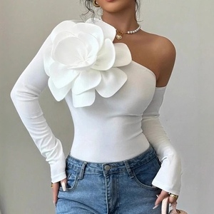 T-shirt ajusté à manches longues et épaules dénudées pour femme, nouveau style, décoré de fleurs 3D, tendance - Product Image 1