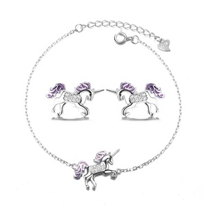 Bijoux cheval <span class=keywords><strong>bleu</strong></span> ornement, <span class=keywords><strong>ensemble</strong></span> de boucles d'oreilles, argent véritable 925, Bracelet licorne, pour adolescents - Product Image 6
