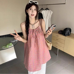Korean Style Pink Plaid Spaghetti Strap Dress Loose Waist Daily Casual Dress Polyester Fabric Simple Design - Product Image 1