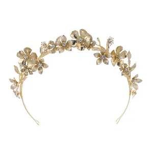Fashion Wedding Accessories Iron Flower Hair piece Crown Crystal Custom Headband Gold Leaf Bridal Crown For Women