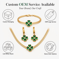 Ensemble collier, bracelet et boucles d'oreilles en acier inoxydable plaqué or 18 carats, trèfle à quatre feuilles vert CZ, hypoallergénique, résistant au ternissement, vente en gros