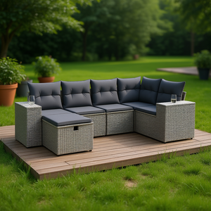 Conjunto de Sofá Modular de Jardín de Poliratán Gris de 6 Plazas con Otomana de Almacenamiento, Muebles de Exterior de Diseño Elegante - Product Image 2