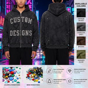 Vintage Wash Rhinestone Zip Hoodie 100% French Cotton Heavyweight Distressed Oversized Anti-Pilling Autumn/Winter Men's - Product Image 4