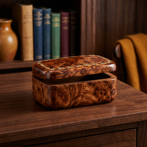 Caja de Recuerdos Clásica para Sala de Estar Aqdus Saleem Thuya Burl, Hecha a Mano con Incrustaciones de Madreperla, Rectangular, 25x15x12 cm - Product Image 2