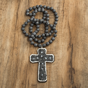 <span class=keywords><strong>Collana</strong></span> annodata in pietra vulcanica etnica Vintage <span class=keywords><strong>collana</strong></span> con strass di perle grigie con ciondolo a croce - Product Image 5