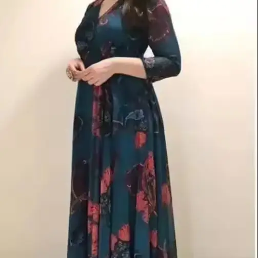 Thời trang in hoa giản dị thanh lịch giản dị chất lượng cao Phụ Nữ khiêm tốn dài Boho Maxi Dress