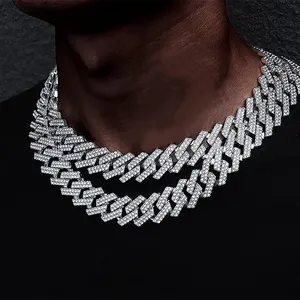 Collier cubain en argent sterling 925 de 8mm 10mm 12mm Chaîne à maillons cubains en diamant Moissanite avec fermoir à ressort Hiphop glacé en plaqué or 18 carats