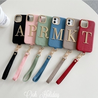 Nouvelle coque de téléphone en cuir personnalisée avec initiales en cuir et lettres dorées pour iPhone 16 15 14ProMax 14 16Plus 13Promax 13 12 11