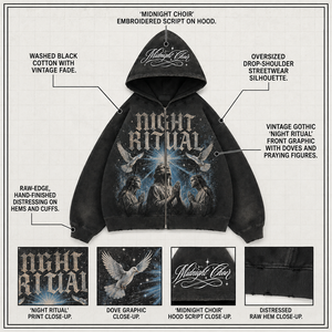 Washed <b>Black</b> Zip Up <b>Hoodie</b> Gothic Graphic Print Hood Embroidery Oversized Drop Shoulder Raw Edge Streetwear Custom <b>Men</b> <b>Hoodie</b> - Product Image 3