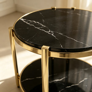 Table d'appoint ronde de luxe à 2 niveaux, plateau en pierre frittée noire, structure en métal doré, pour la maison, le salon, l'hôtel, table d'appoint de canapé - Product Image 3