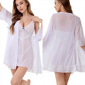 Sfy4013 2025 New <b>Sexy</b> Mesh Breathable Hole Pajamas Set Two-Piece Robe Nightdress <b>Erotic</b> Lace Nightgown Spicy Girls Lingerie - Product Image 1