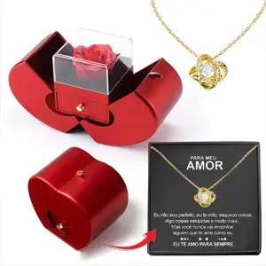 Holle Vergulde Klaver Eeuwige Roos Doos Met Gegraveerde Ketting Moederdag Valentijnsdag Geschenk Choker Ketting Apple Box Set