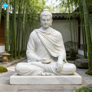 Sculpture artisanale en marbre blanc massif naturel, représentant une personne assise sur un lotus, pour jardin et villa. - Product Image 4