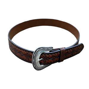 Cinturón de Cuero Vacuno de Grano Completo Vintage Personalizado con Patrón Geométrico Repujado, Hebilla de Aleación Color Rojo <span class=keywords><strong>Vino</strong></span> para Hombre - Product Image 1