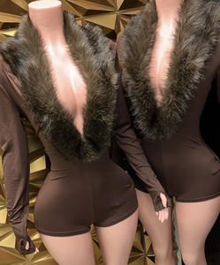 Viviblook D25RP503 Women's Romper Winter New Solid Color Sexy Fur Deep V Collar Long Sleeved <b>Tight</b> Romper - Product Image 2