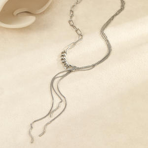 Kalung berlapis emas 18K baja tahan karat, perhiasan kalung panjang rantai rumbai Multi lapis tahan air untuk wanita - Product Image 4