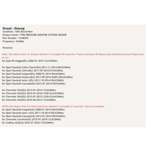 13348393 Pa66 Gf35 nuevo Sensor de presión de neumáticos TPMS para <span class=keywords><strong>Opel</strong></span> Zafira <span class=keywords><strong>Insignia</strong></span> Cascada Chevrolet Volt Cadillac ELR 433MHz - Product Image 2