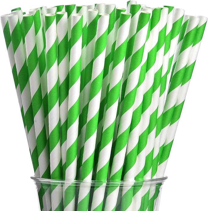Green White Striped Biodegradable Disposable Paper Straws for Smoothie Birthday New Year Party Decorations Bar Accessories