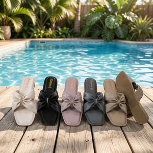 Sandales plates pour femmes avec nœud décoratif, tongs à enfiler, dessus en PU, semelle en caoutchouc, pour l'été, le printemps, tenue décontractée - Product Image 1