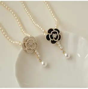 Kalung Camellia mutiara elegan Aksesori hadiah perhiasan bunga romantis pesta kalung Choker antik wanita anak perempuan