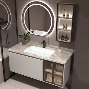 Mueble de Baño de Lujo Moderno con <span class=keywords><strong>Espejo</strong></span> de Pared, Organizador, Lavabo de Piedra, <span class=keywords><strong>Antivaho</strong></span>, Cajones de Madera, Combinación de Tocador - Product Image 2