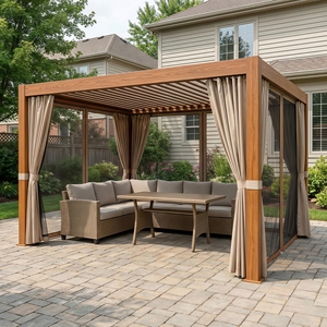 Pergola à lames orientables en aluminium imitation bois 3x4m avec <span class=keywords><strong>moustiquaire</strong></span> et rideaux - Gazebo de jardin durable pour l'extérieur - Product Image 1